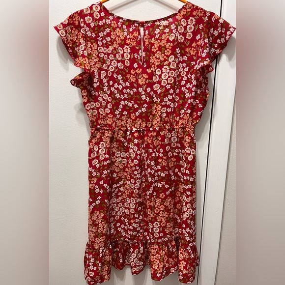 THIRD + MALT Red Floral Flutter Dress With Front Keyhole Tie Detail Size | L - Picture 2 of 8